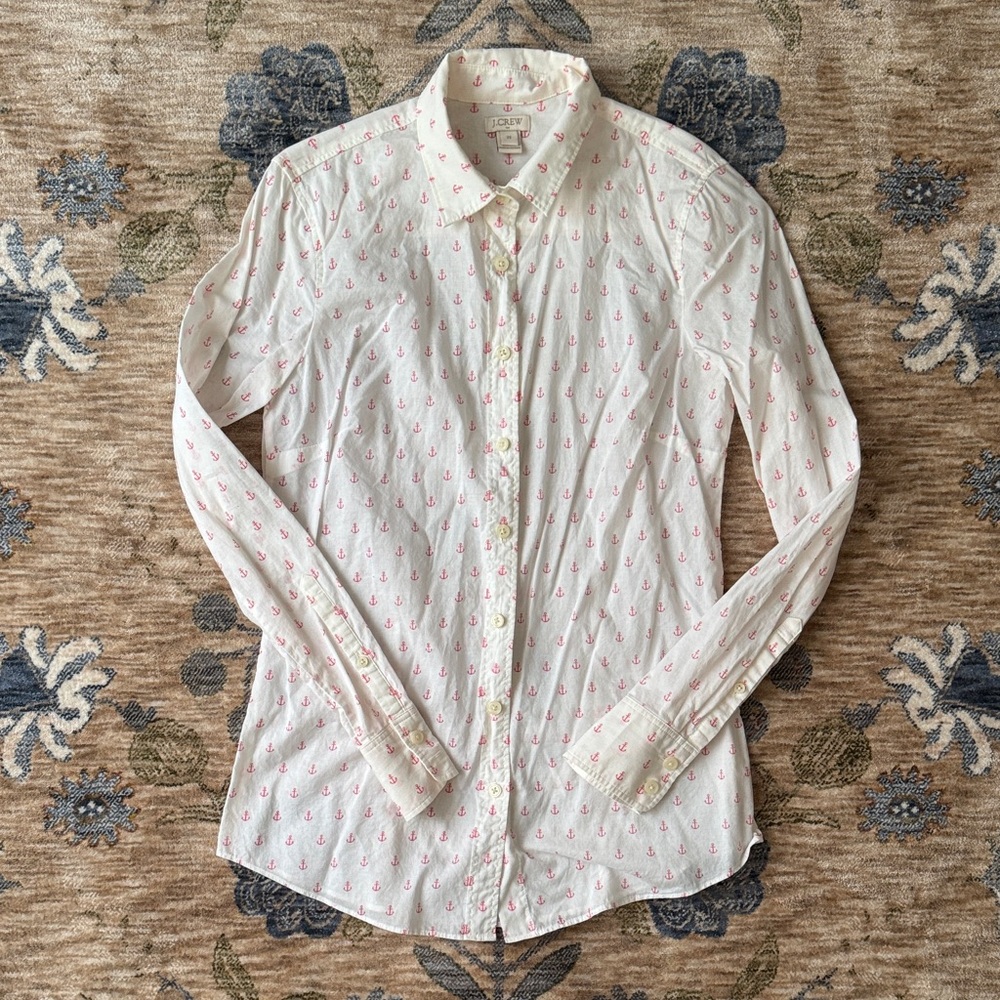 J. Crew White Shirt with Anchor Pink Pattern
